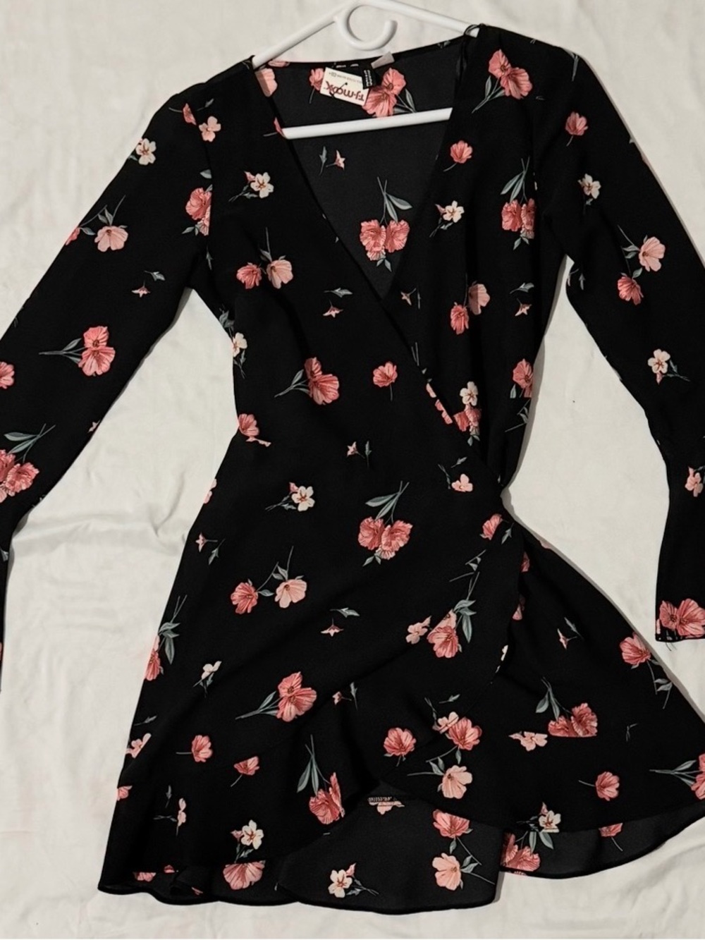 Xhilaration Black Wrap Dress with Pink Floral Print